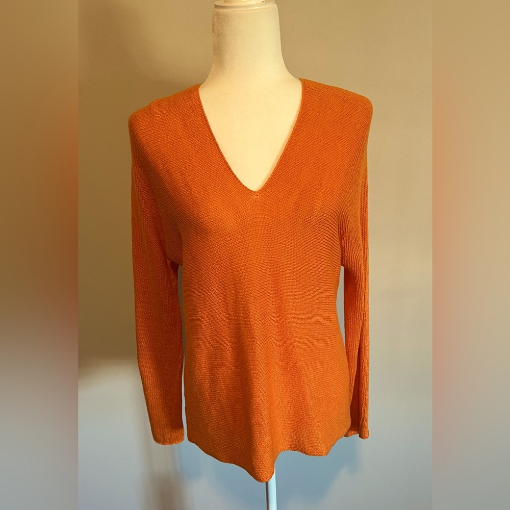 Vince Slub Linen Orange Double V-Neck Sweater Size XS